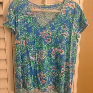 Lilly Pulitzer Etta V Neck Boca Blue Beneath the Bougainvillea Sz M